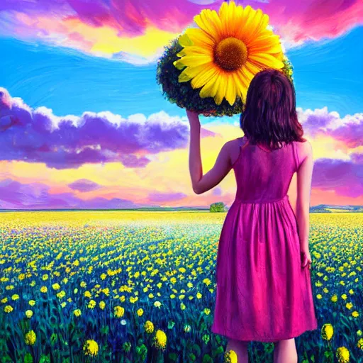 Image similar to full body daisy flower head, girl standing in a flower field, head hidden behind the huge daisy flower, surreal photography, sunrise, dramatic light, impressionist painting, colorful clouds, digital painting, artstation, simon stalenhag