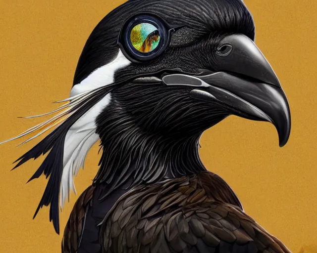 Prompt: an australian magpie wearing sunglasses and a leather jacket, photography of kurzgesagt, deep focus, d & d, fantasy, intricate, elegant, highly detailed, digital painting, artstation, concept art, matte, sharp focus, illustration, hearthstone, art by artgerm and greg rutkowski and alphonse mucha