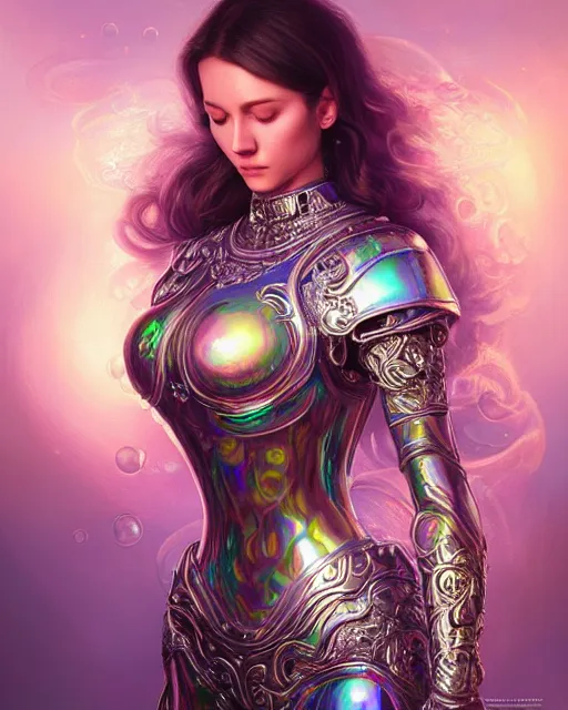 Image similar to a beautiful woman wearing shiny plastic armor inside an ornate bottle of iridescent liquid, alchemy, intricate, bloom, detailed, volumetric lighting, sharp focus, photorealism, digital painting, highly detailed, concept art, by by artgerm and wlop