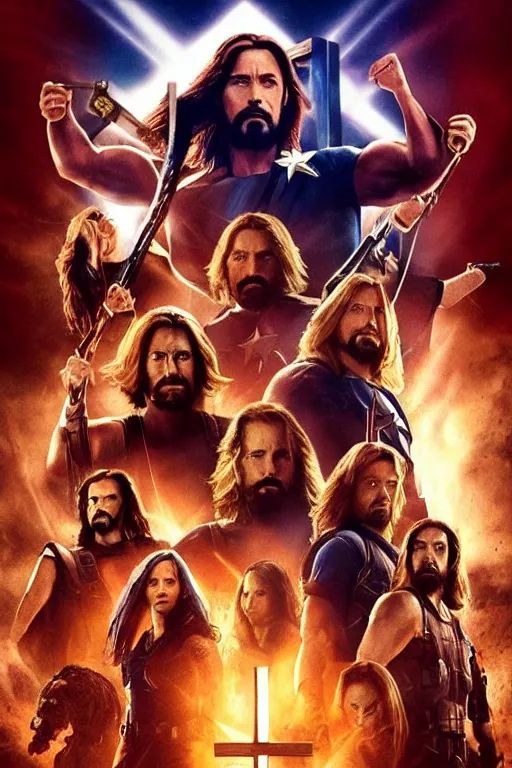 Image similar to poster for a jesus christ avengers movie, jesus posing with his cross as a weapon, photorealistic, cinematic lighting, extremely detailed, marvel cinematic universe