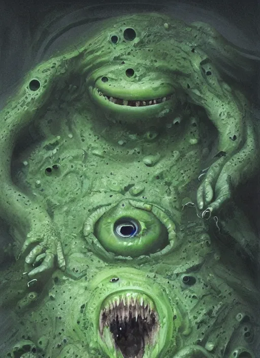 Image similar to portrait of green noise an amorphous blob, slimy alien creature with hundreds of eyes, eyes!!!!!, it has several human arms out stretched to grab me. painted by greg rutkowski, wlop,,