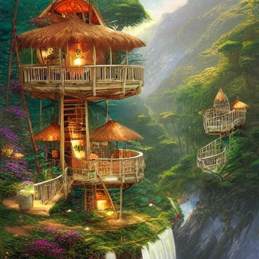 Prompt: beautiful portrait of bamboo living pods hanging from a cliff, the time machine, art by artgerm, artwork by thomas kinkade