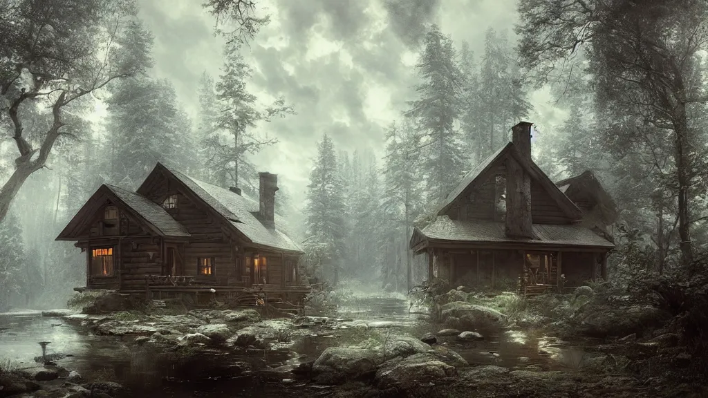 Image similar to [ a cabin in the woods. ] andreas achenbach, artgerm, mikko lagerstedt, zack snyder, tokujin yoshioka
