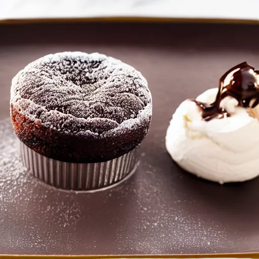 Prompt: extremely delicious looking photo of lava cake desert, expensive restaurant, top quality product, most perfect chocolate on the world, small manufacture, unique style, 8 k, product photography, professional studio photography