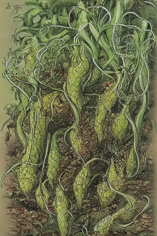 Image similar to a carnivorous plant with a long vine and the head of an alligator, vicious snapping alligator plant, side view of a plant showing roots stem and bud