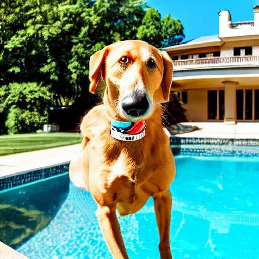 Image similar to a very detailed photo of a dog smoking a cigar outside the mansion by the pool