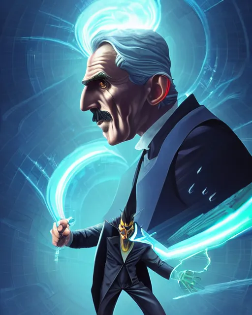 Prompt: Nikola Tesla as a supervillain with electric powers in a battle with Thomas Edison, epic and stunning character design, action scene, cover art, by MARVEL comics and Cyril Rolando and Noah Bradley