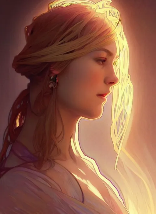 Prompt: digital character concept art by artgerm and greg rutkowski and alphonse mucha. clear portrait of a modern young wife blessed by god to uncontrollably become overwhelmingly perfect!! blonde, clothed! obviously feminine holy body!! light effect. hyper detailed, glowing lights!! intricate, elegant, digital painting, artstation, smooth, sharp focus