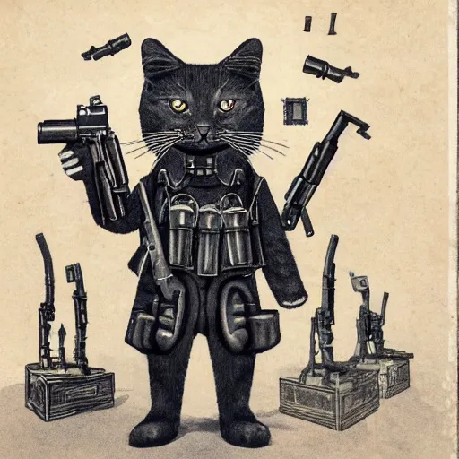 Image similar to photograph of a realistic anthropomorphic cat with lots of guns