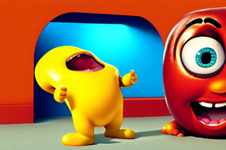 Image similar to an anthropomorphic jelly bean, moving a box, pixar