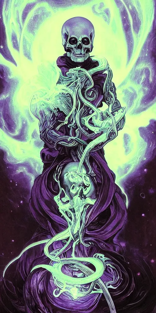 Prompt: intense glowing black metal pagan god with tentacles and intense black eyes with a skull in very dark purple cosmic space nebula by artgerm and alphonse mucha and beksinski, portrait, fantasy, clear, light beams, lens flare, soft, uhd, amazing depth, cinematic lighting, violet and red and black and white and metallic silver