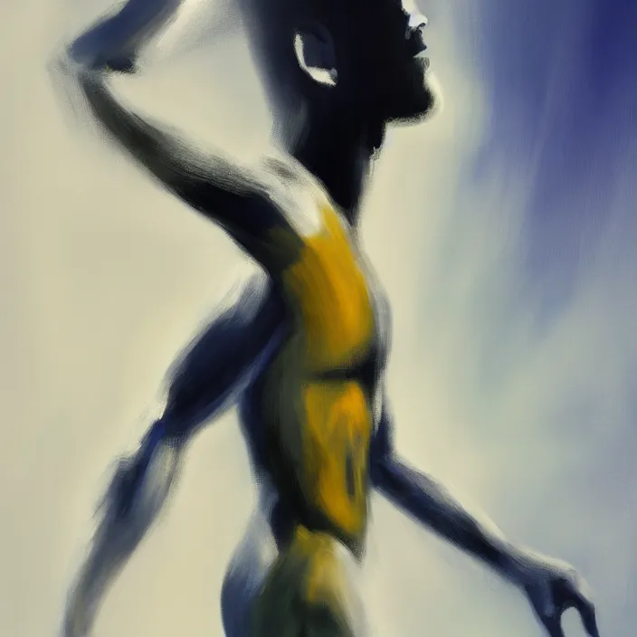 Prompt: abstract, a thin, athletic physique man's body made of abstract, thick flowing dramatic brush strokes, no face, strong wind, white background, matte colors, impressionist, extreme motion, trending on artstation