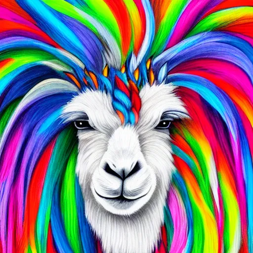 Image similar to portrait of a cute fluffy llama with long colorful flowing lion mane with mohawk hairstyle hybrid animal detailed painting 4 k