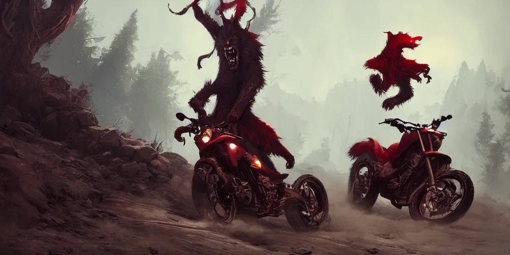 Image similar to Crazy werewolf with crazy red riding hood riding motorbikes, level design, Greg Rutkowski, artstation, CGSociety, Unreal Engine, matte paiting, ultra realistic, award winning, artstation, unreal render