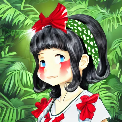 Prompt: an digital illustration of reimu in the jungle wearing bonnet