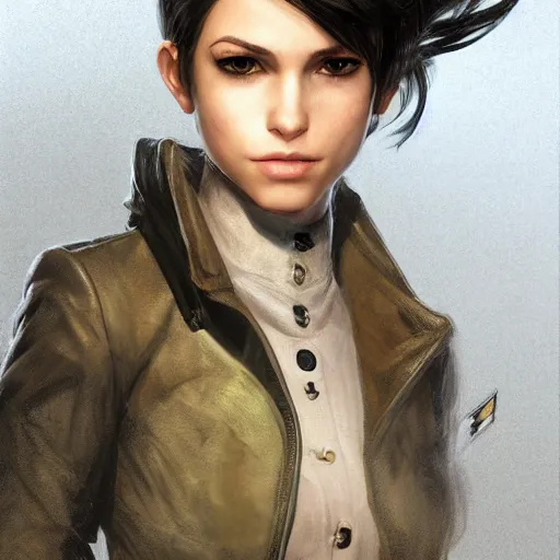 Prompt: a head and shoulders portrait of a young girl with green eyes and short black hair in a tan trenchcoat, from Final Fantasy XIII, retro, smooth, sharp focus, intricate, artstation, hyper realistic, detailed concept art by Rutkowski and Mucha and sky sewa and Marc Simonetti