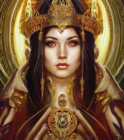 Prompt: a highly detailed painting of a female priestess with a beautiful face, smirking, piercing eyes, sitting on a throne, art by artgerm, karol bak and mark brooks and greg hildebrandt, centered