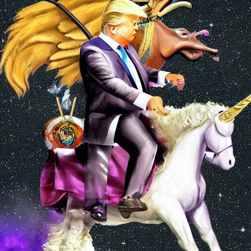 Prompt: Donald Trump riding a unicorn. digital art by Simon Bisley