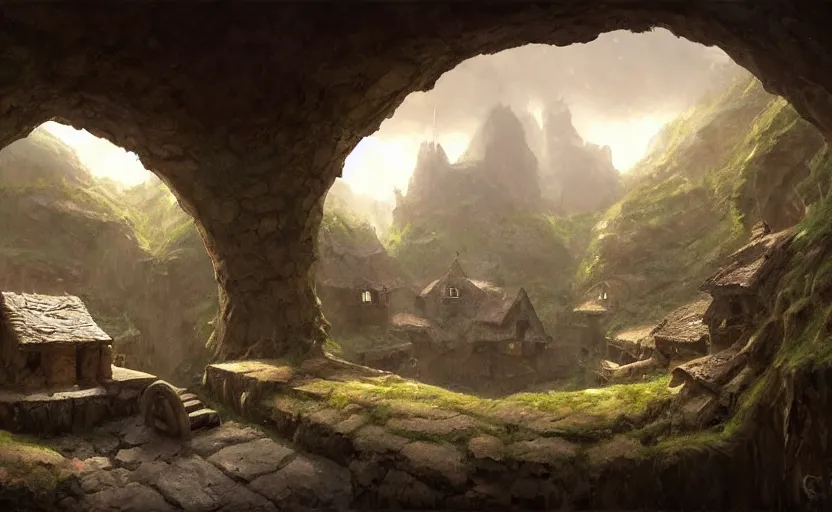 Image similar to painting of a series of living quarters overlooking communal area of a hidden, cozy ring - shaped complex carved inside a mountain, cozy bed, well maintained, clean, medieval, fantasy genre, natural light, fantasy, natural light, concept art, by greg rutkowski and craig mullins, cozy atmospheric and cinematic lighting, trending on artstation