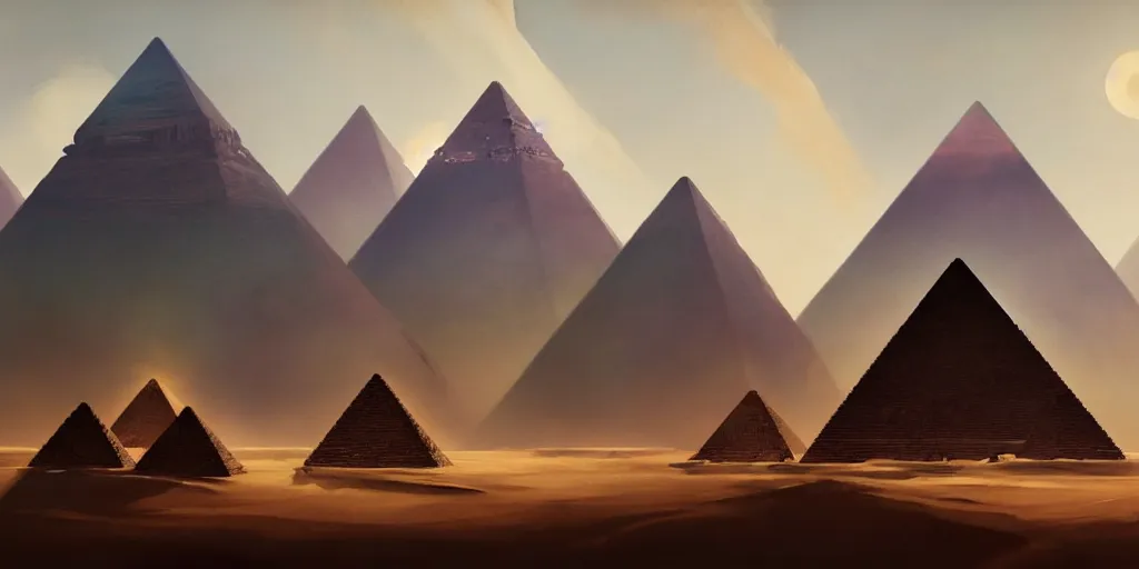 Image similar to pyramids, extremely detailed minimalist painting, in the style of fenghua zhong and ruan jia and jeremy lipking and peter mohrbacher, mystical colors, rim light, beautiful lighting, 8 k, stunning scene, raytracing, octane, trending on artstation