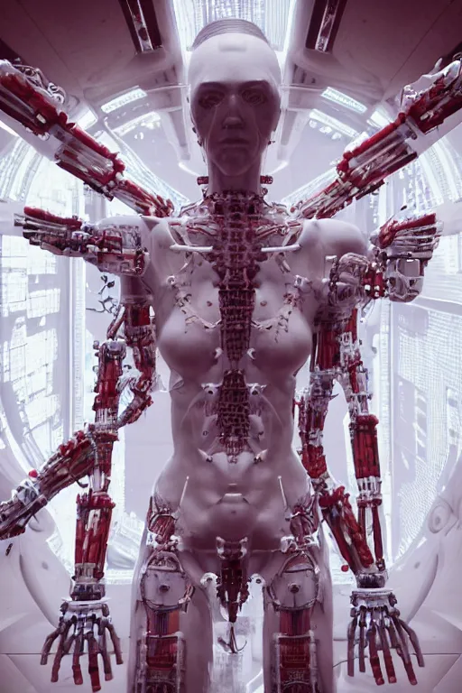Prompt: space station interior white cross cross a statue jesus on cross made of red marble hands nailed to a cross perfect symmetrical body full body shot, inflateble shapes, wires, tubes, veins, jellyfish, white biomechanical details, wearing epic bionic cyborg implants masterpiece, intricate, biopunk, vogue, highly detailed, artstation, concept art, cyberpunk, octane render