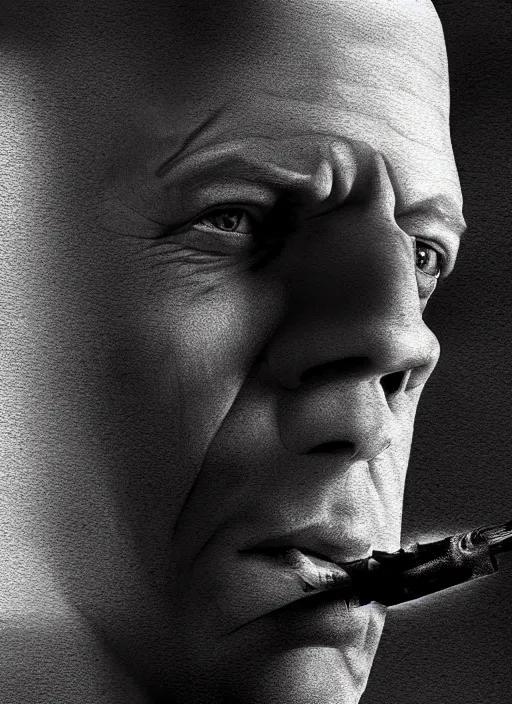 Image similar to highly detailed ink illustration of bruce willis, unreal engine, octane render, b & w clean shaped illustration by ross tran