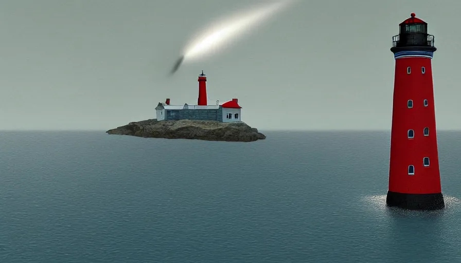 Prompt: a water spout approaches a lighthouse out at sea, digital art, highly detailed, realistic, bright colors, 8 k