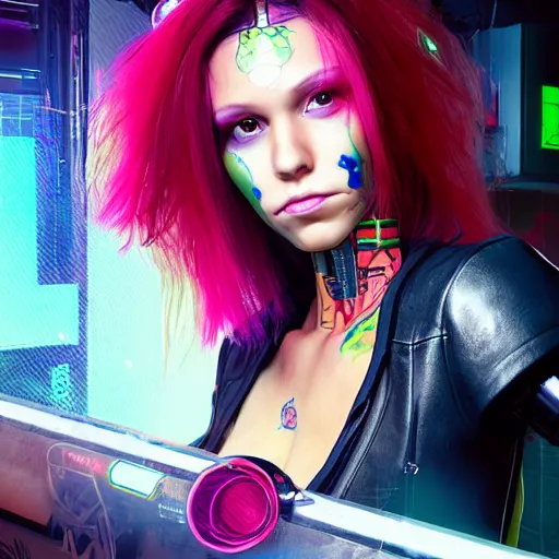 Image similar to Portrait of Robot Girl with long red hair and a tattoo in the style of the game CYBERPUNK 2077 , very beautiful Enga style, the girl is wrapped in color, photorealism