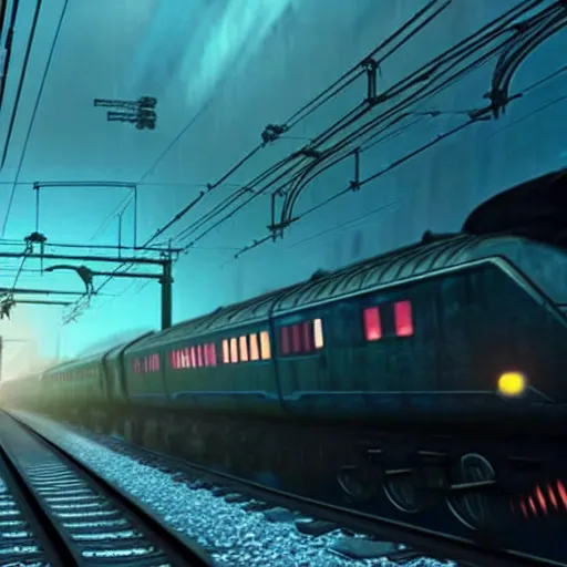 Image similar to :: Train to Hogwarts :: cyberpunk style :: Makoto Shinkai cyberpunk style :: Cinematography by Zack Snyder ::8k resolution :: cinematic shot :: epic :: awe :: masterpiece