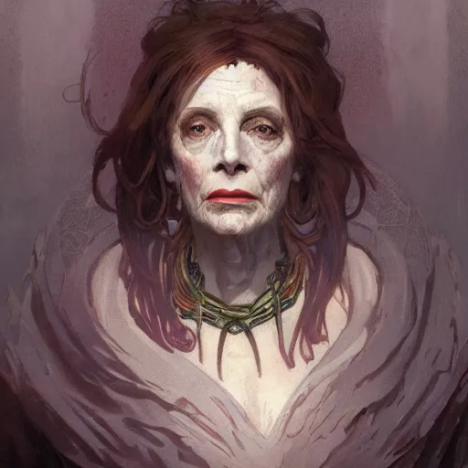 Image similar to A portrait of zombie Nancy Patricia Pelosi by greg rutkowski and alphonse mucha,In style of digital art illustration.Dark Fantasy.darksouls.hyper detailed,smooth, sharp focus,trending on artstation,4k