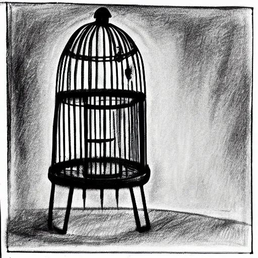 Prompt: a rough charcoal sketch of a bird inside a cage, black and white, 3 5 mm, long exposure