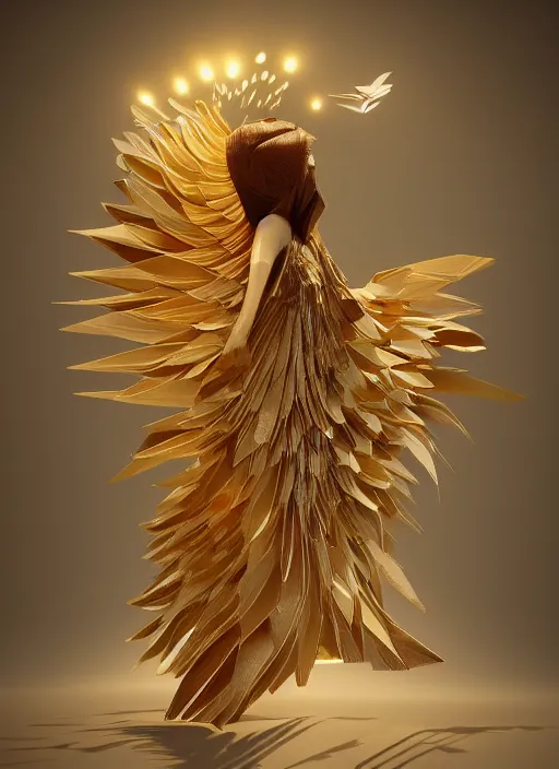 Prompt: a beach made out of paper and glass, beautiful anthropomorphic eagle woman wearing a flowing gold - colored dress, origami shells, many colorful origami shells, heavenly light, 3 d, photorealism, very detailed, octane render, trending artstation, artgem