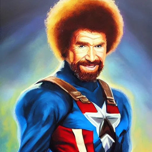 Image similar to Bob Ross as captain America, oil painting,