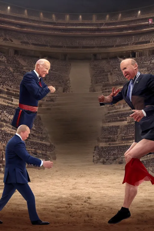 Image similar to putin vs joe biden inside a gladiator arena, 4 k, high res, realistic