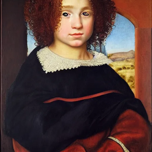 Image similar to caucasian boy age 11, with a curly mullet and brown eyes, renaissance portrait, vinatge painting royal painting