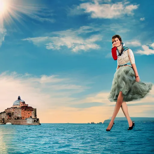 Prompt: Photostock of the honeymoon in Italy of a chic woman in Gucci with an enormous sea monster