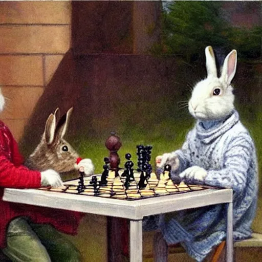 Image similar to two rabbits drinking tea and playing chess. Painting of rabbits in sweaters by James Gurney.