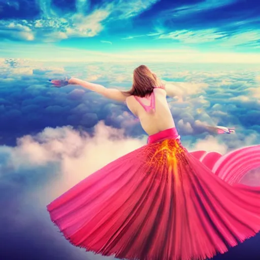 Image similar to a goddess wearing a flamingo skirt, on fire, photoshop, colossal, creative, giant, digital art, city, photo manipulation, clouds, sky view from the airplane window