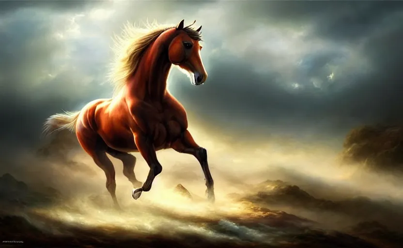 Image similar to a masterpiece oil painting of a proud horse galloping. wide angle, fantasy art, heroic lighting, by artgerm, fog, finger of god, amazing wallpaper