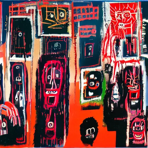 Prompt: inside a dark club, dancing, room is full of people, crowded, disco light, abstract expressionism, artwork by phillip guston and jean - michel basquiat