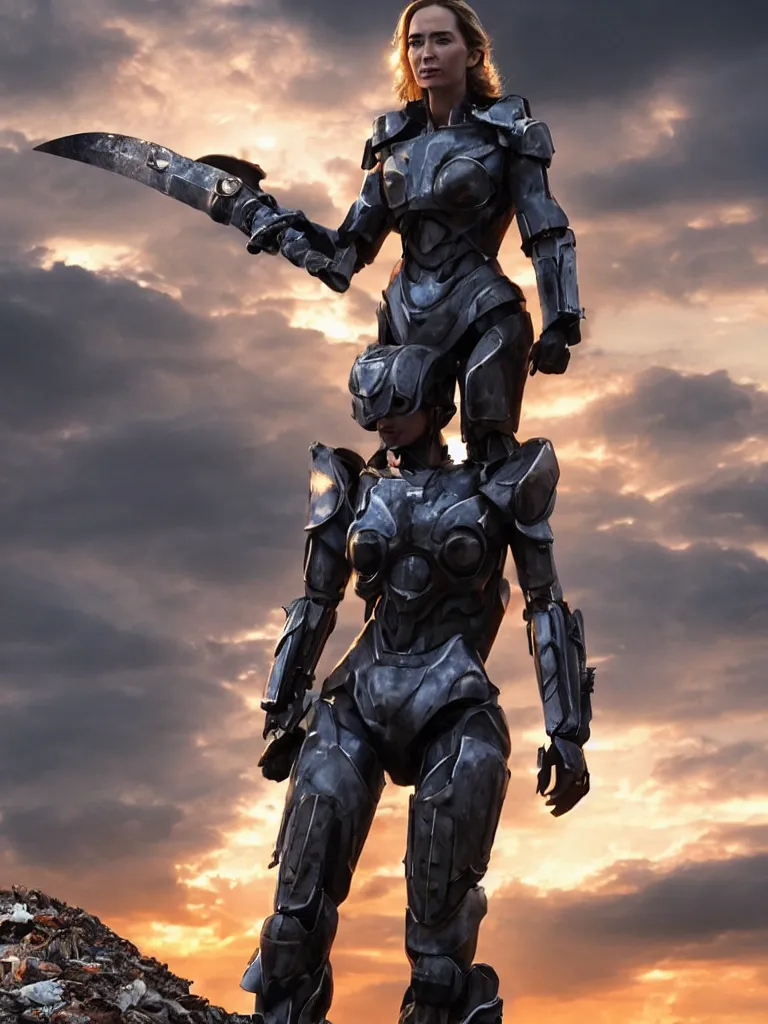 Image similar to emily blunt in futuristic power armor, by herself, holding a sword, standing atop a pile of rubble, sunset and big clouds behind her