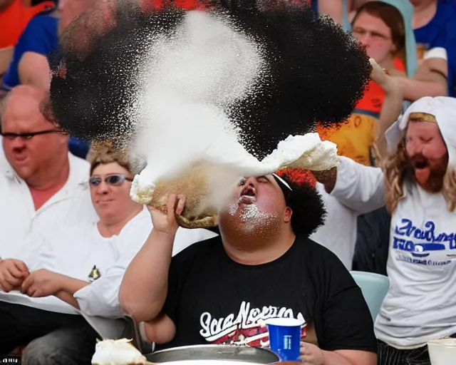 Image similar to Obese fan with an afro eating as much flour and oil humanly possible, he weighs 900 pounds and is drinking oil from a pitcher