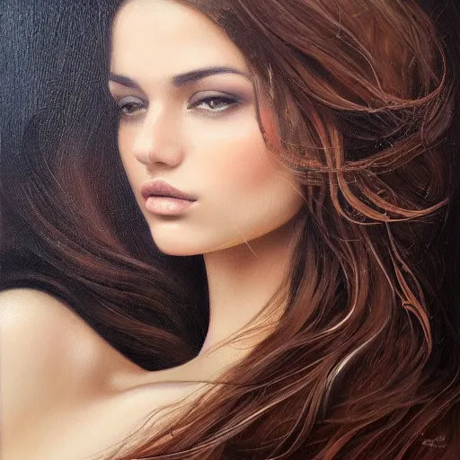 Prompt: beautiful portrait face centre oil on canvas of brunette with wavy hair Ebru Şahin, Reyyan, intricate, elegant, highly detailed, artstation, concept art, sharp focus, art by Alina Ivanchenko, Rob Ross, WLUP, artgerm