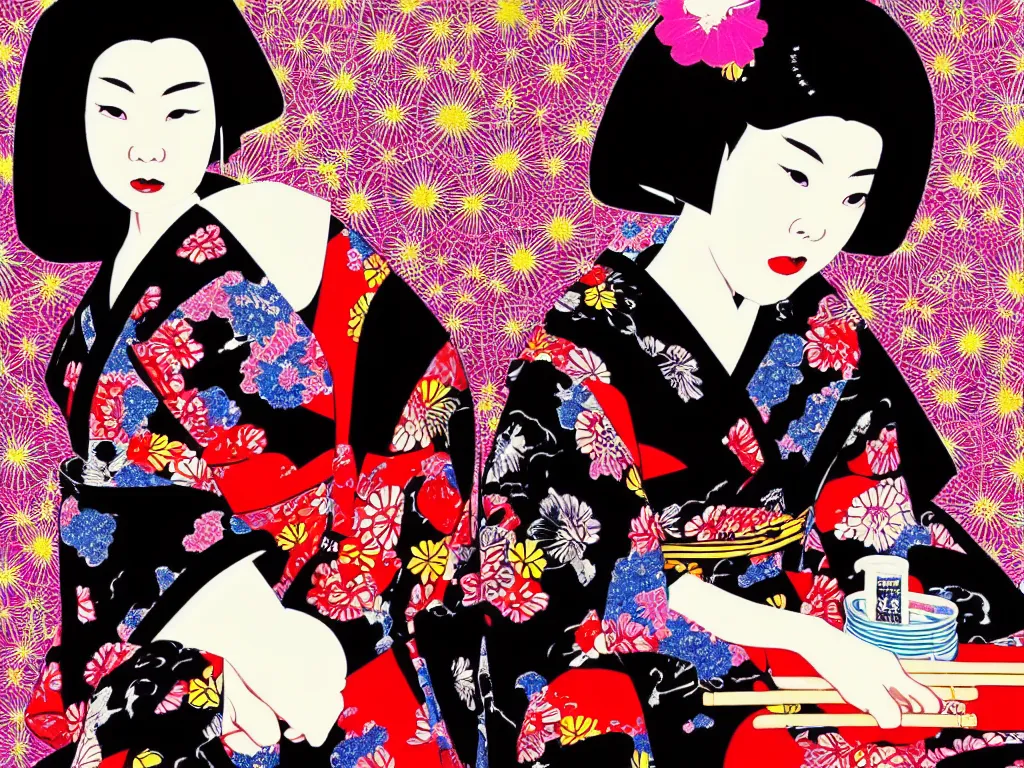 Image similar to hyperrealistic composition of the detailed woman in a japanese kimono sitting at a extremely detailed black jack table with darth vader, fireworks, mountain fuji on the background, pop - art style, jacky tsai style, andy warhol style, acrylic on canvas