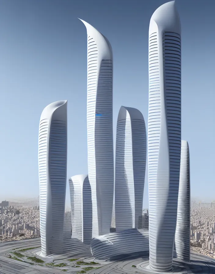 Prompt: al hamra tower, futuristic, evolution tower, santiago calatrava, futuristic tower architecture, 8 k render, beige in the middle of a spacious futuristic city