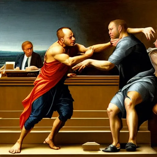 Image similar to alex jones fighting alex jones in a courtroom, golden ratio, renaissance painting,