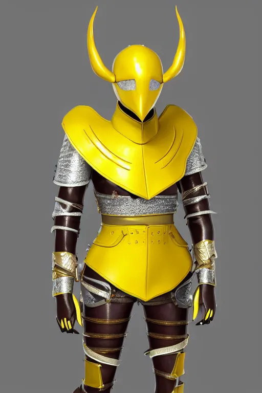 Prompt: female adventurer in tight full - body canary yellow gambeson leather armor of italian design with diamond pattern and brown leather accents and a closed armet helmet with white porcelain swan mask, trending in artstation, establishing shot