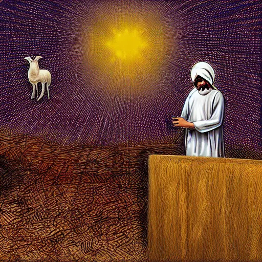 Image similar to the lamb that was a cult leader during his sermon, digital art