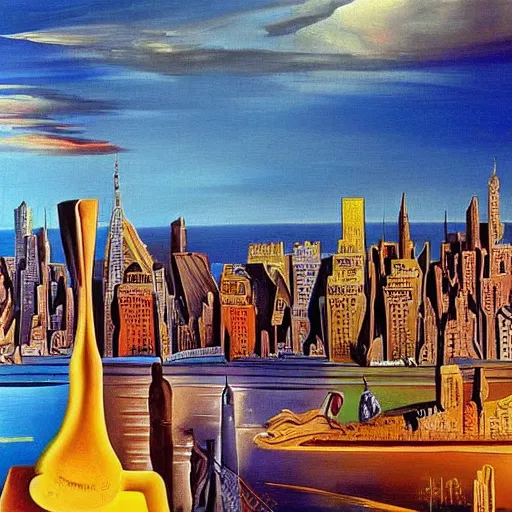 Image similar to salvador dali painting of new york city skyline lots of color and detail