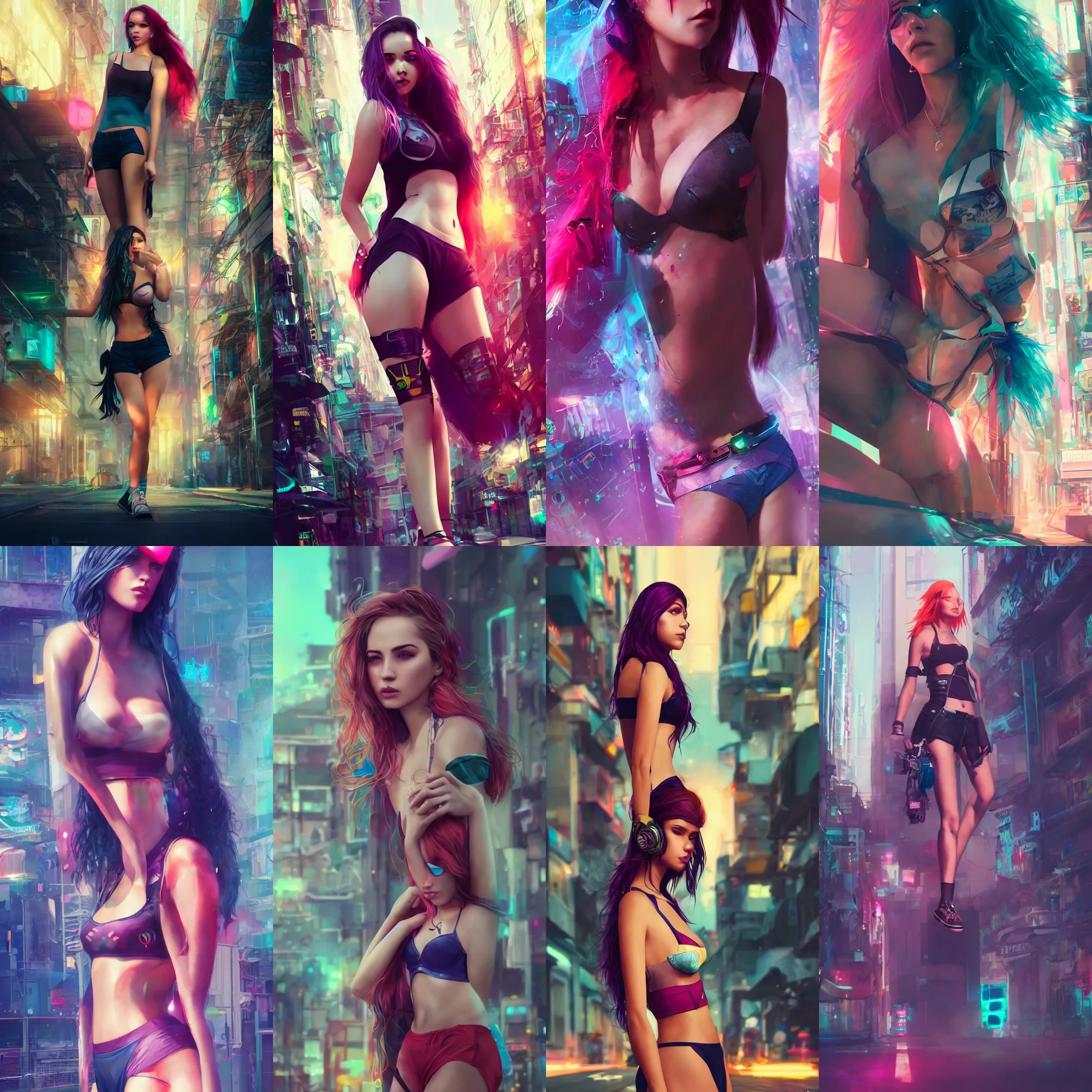 Prompt: fashion photography, gorgeous latin woman, colorful hairs, wearing bra and shorts streetwear, cyberpunk city street, costume design, illustration, cinematic color grading, hyperrealism, elegant, vfx, postprocessing, octane render, 8 k, by charlie bowater